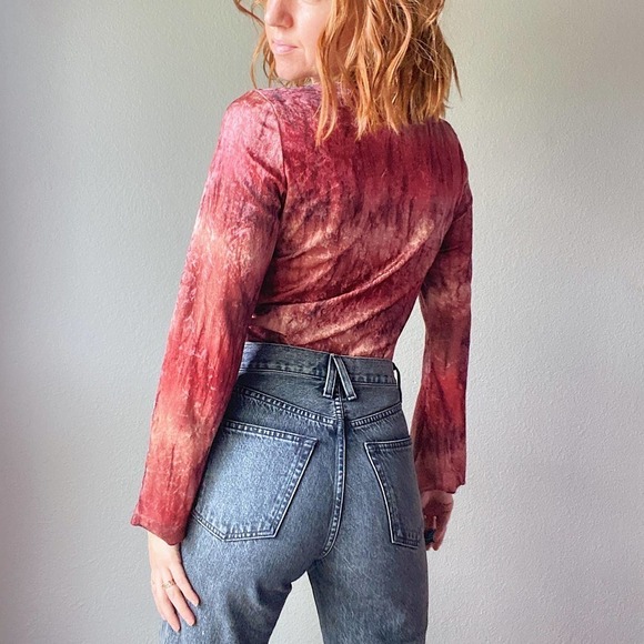 Vintage Y2K Beaded Sun Velvet Tie Dye Flare Sleeve Top - Picture 2 of 8